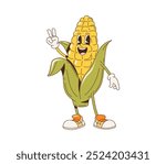 Corn cob bbq barbeque cartoon groovy character. Isolated vector cheerful maize farm vegetable personage with green husk and ripe kernels, wearing shoes, giving a peace sign with joyful face expression