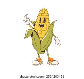 Corn cob bbq barbeque cartoon groovy character. Isolated vector cheerful maize farm vegetable personage with green husk and ripe kernels, wearing shoes, giving a peace sign with joyful face expression