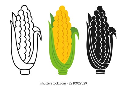 Corn Cob cartoon linear icon set, doodle style, engraving silhouette. Symbol fresh maize vegetable, organic healthy food design. Harvest agricultural vegetarian kitchen, farm market menu vector