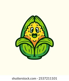 Corn Cob with Cheerful Expression Surrounded by Bright Green Leaves Delightful Cartoon Character Illustration Vector Design 