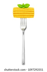 Corn cob at fork. Organic food. Corncob natural meal. Ripe Maize. Product for cooking popcorn. Healthy eating. Vegetable. Realistic foodstuff. Isolated white background. EPS10 vector illustration.
