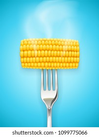 Cob de maíz en el tenedor. Comida orgánica. Comida natural de Corncob. Maíz maduro. Producto para cocinar palomitas de maíz. Comer sano. Verdura. Comida realista. Fondo Azul. Ilustración vectorial EPS10.