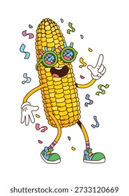 Mazorca de maíz carácter funky groovy o mazorca de maíz en gafas de sol hippie, Vector de dibujos animados. Divertida mazorca de maíz dulce con cara feliz y riendo en buen rollo y confeti de fiesta para comida snack carácter groovy