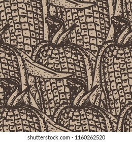 Corn cob hand drawn seamless pattern, vector illustration. Vegetable sketch drawing. Retro colored vegan plants.