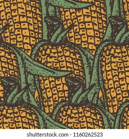 Corn cob hand drawn seamless pattern, vector illustration. Vegetable sketch drawing. Retro colored vegan plants.