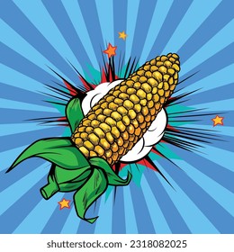 Corn cob hand drawn vector Pop Art illustration. Detailed vegetarian food drawing. Farm market product. Great for menu, label, icon. Isolated Vegetable object. Comic book style, retro