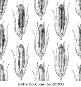 Corn cob hand drawn vector seamless pattern. Isolated Vegetable engraved style wallpaper. Detailed vegetarian food drawing. Farm market product. Great for menu, label, icon