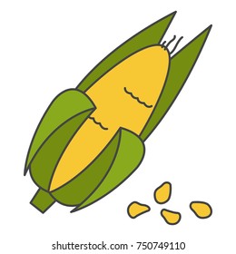 Corn cob in husk flat style vector icon isolated on white background. Important agricultural plant for food industry. Ripe maize seeds cartoon illustration for applications, logos or web design