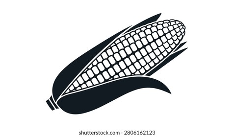 Corn cob with husk leaves in black silhouette maize kernel grain