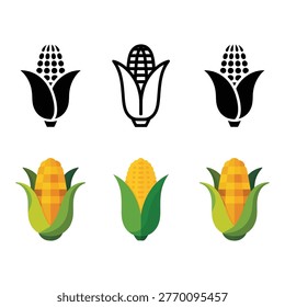 Corn cob icon set with husk leaves and kernels, maize harvest graphics for farm market posters, food packaging designs collection