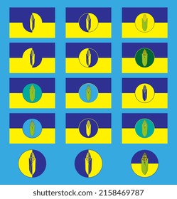 Corn cob icons set. Vector illustration. Design in the style of yin yang in the colors of the flag of Ukraine.
