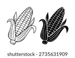 Corn cob line art and solid silhouette set, black and white maize illustration