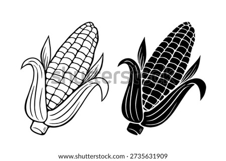 Corn cob line art and solid silhouette set, black and white maize illustration