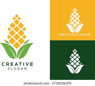 Diseño de logotipo de mazorca de maíz: marca agrícola con granos amarillos estilizados y hojas verdes sobre fondos blancos, amarillos y verdes oscuros