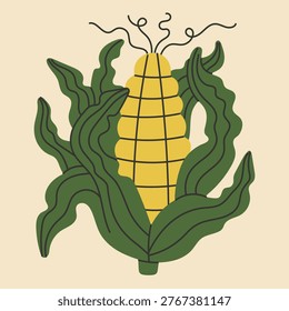 Corn Cob Minimal Botanical Illustration. Modern maize artwork with flowing lines and leaves, organic shapes. Hand drawn botanical style with retro aesthetic and smooth curves. Vector
