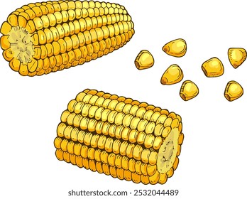 Corn cob pieces. Cooking ingredient. Raw food