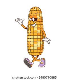 Corn cob retro groovy barbeque grill character. Isolated cartoon vector cheerful maize farm vegetable personage with ripe kernels, wearing shoes and joyful face expression, walking for bbq outing