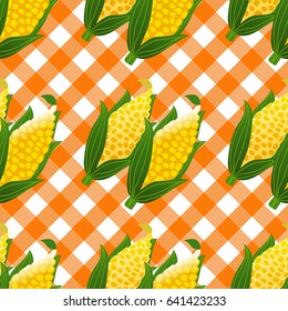 Corn cob Seamless pattern. Vector illustration ear of corn on checkered background.  Concept background about natural food. 
