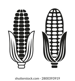 Corn cob vector, logo illustration in black and white style, isolated ear of corn icon with husks