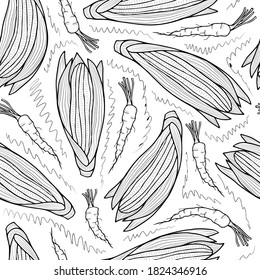 Colas de maíz, zanahorias y garrapatas dibujadas a mano en un fondo blanco. El vector esboza un patrón sin fisuras. Verduras otoñales.