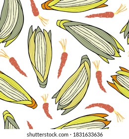 Colmenas de maíz y zanahorias en un fondo blanco. Vector е patrón. Cosecha vegetal de otoño.