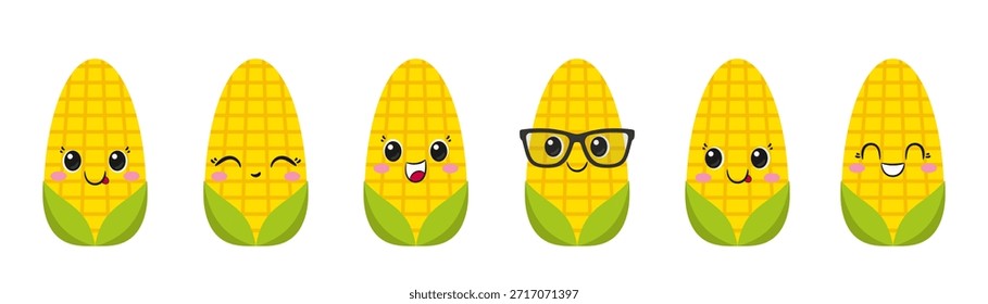 Estilo emoji de mazorcas de maíz, dibujos animados de personajes, ojos grandes, cara sonriente feliz kawaii, emociones alegría deleite, Ilustración vectorial.