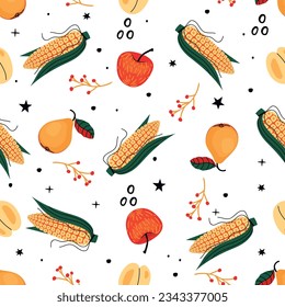 Corn cobs and fruit  seamless pattern.Colorful background with doodle elements.Organic print with plums, apples, pears and maize.Endless wallpaper with mealie.Autumn seasonal vector illustration.