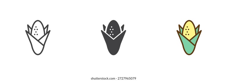 Conjunto de iconos de mazorcas de maíz en línea, estilo colorido de contorno sólido y relleno. Icono de maíz de cosecha, signo de Vector de color y símbolo. Paquete de iconos de agricultura de otoño.