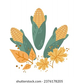 corn cobs with orange leaves autumn harvest festival happy thanksgiving holiday celebration concept