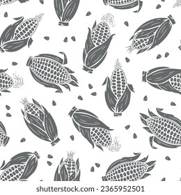 Corn Cobs Seamless Pattern. Maize Black and White Background. Vegetables Vector illustration