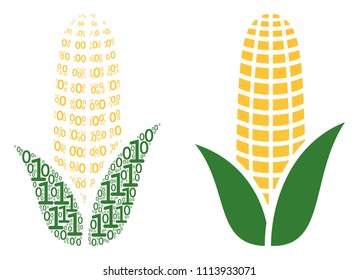 Corn collage icon of zero and one symbols in randomized sizes. Vector digit symbols are arranged into corn collage design concept.