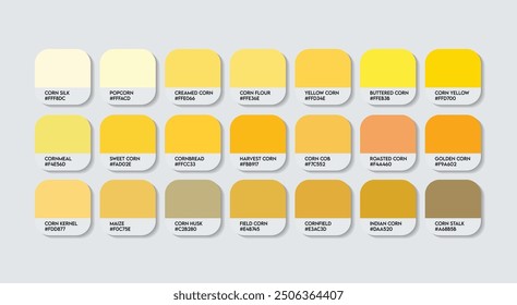 Corn Color Palette, Corn Green Color Guide Palette with Color Names. Catalog Samples of Yellow Metal colors with RGB HEX codes. banana and fruit Yellow colour, Fashion Trend Corn Color shade tones