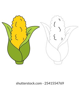 Corn coloring pages for kids. Trace and color Corn. Corn flashcard. Corn cartoon isolated on white background. Thanksgiving meal. Kindergarten and preschool worksheets printable for kids. 