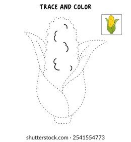 Corn coloring pages for kids. Trace and color Corn. Corn flashcard. Corn cartoon isolated on white background. Thanksgiving meal. Kindergarten and preschool worksheets printable for kids. 