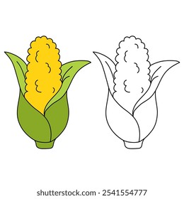 Corn coloring pages for kids. Trace and color Corn. Corn flashcard. Corn cartoon isolated on white background. Thanksgiving meal. Kindergarten and preschool worksheets printable for kids. 