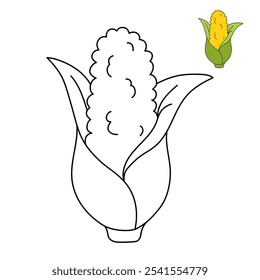 Corn coloring pages for kids. Trace and color Corn. Corn flashcard. Corn cartoon isolated on white background. Thanksgiving meal. Kindergarten and preschool worksheets printable for kids. 