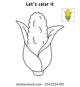 Corn coloring pages for kids. Trace and color Corn. Corn flashcard. Corn cartoon isolated on white background. Thanksgiving meal. Kindergarten and preschool worksheets printable for kids. 