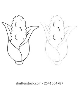 Corn coloring pages for kids. Trace and color Corn. Corn flashcard. Corn cartoon isolated on white background. Thanksgiving meal. Kindergarten and preschool worksheets printable for kids. 