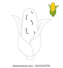 Corn coloring pages for kids. Trace and color Corn. Corn flashcard. Corn cartoon isolated on white background. Thanksgiving meal. Kindergarten and preschool worksheets printable for kids. 