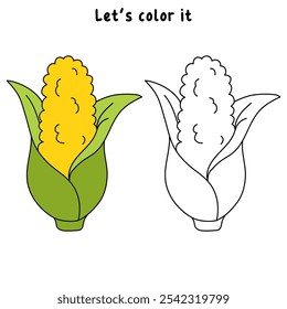 Corn coloring pages for kids. Trace and color Corn. Corn flashcard. Corn cartoon isolated on white background. Thanksgiving meal. Kindergarten and preschool worksheets printable for kids. 