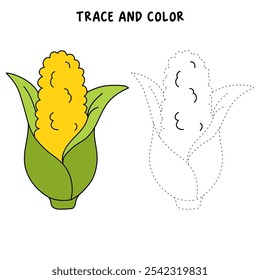 Corn coloring pages for kids. Trace and color Corn. Corn flashcard. Corn cartoon isolated on white background. Thanksgiving meal. Kindergarten and preschool worksheets printable for kids. 