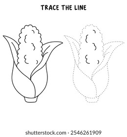 Corn coloring pages for kids. Trace and color Corn. Corn flashcard. Corn cartoon isolated on white background. Thanksgiving meal. Kindergarten and preschool worksheets printable for kids. 