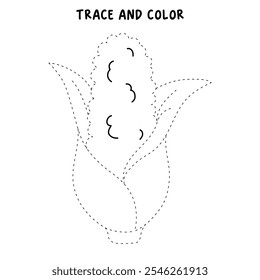 Corn coloring pages for kids. Trace and color Corn. Corn flashcard. Corn cartoon isolated on white background. Thanksgiving meal. Kindergarten and preschool worksheets printable for kids. 