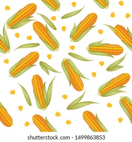 Corn combs with lettuce leaves seamless pattern flat vector illustration on white background