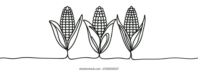 Corn continuous one line drawing, single line art element, minimalist sketch line vector illustration, autum and thanksgiving concept, Continuous one line drawing. Vegetables two corn vector