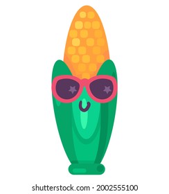 Corn cool vegetable emoji happy emotion vector. Smiling maize boy face with fashion sunglasses, agricultural nutrition with summer accessory. Comic funny emoticon flat cartoon illustration