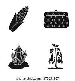 Corn, cosmetic bag and other web icon in black style. Crystal, eggplant icons in set collection.
