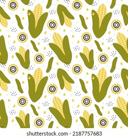 Corn crop seamless pattern on white background in cartoon style for textile print or design for packaging, banner