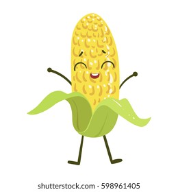 Corn Cute Anime Humanized Smiling Cartoon Vegetable Food Character Emoji Vector Illustration