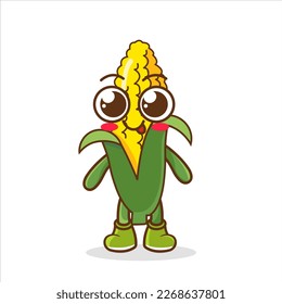 Corn lindo personaje caricatura mano saludo emociones alegría felicidad cara sonriente icono vegetal hermosa ilustración vectorial.